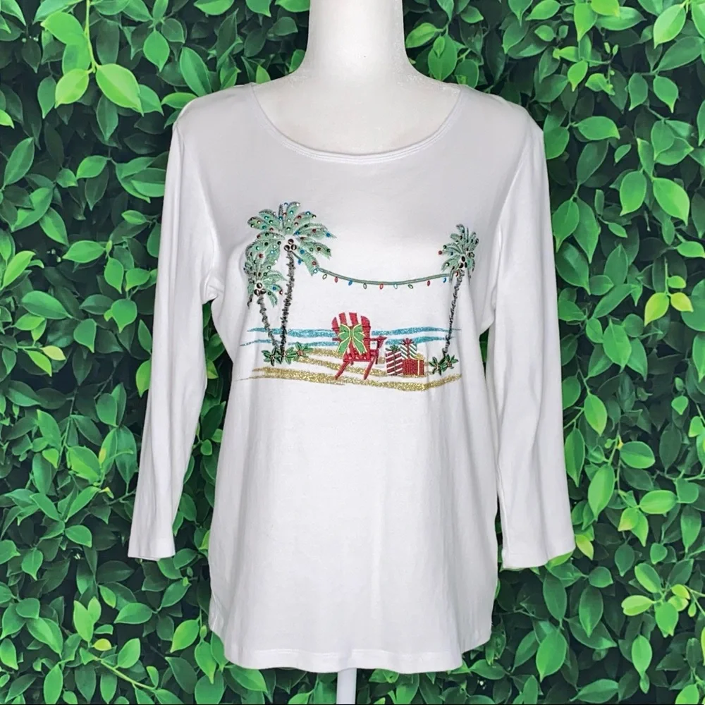 Karen Scott Coastal Christmas Embroidered Palm Tree Cotton Knit Top, Size M - Picture 6 of 6